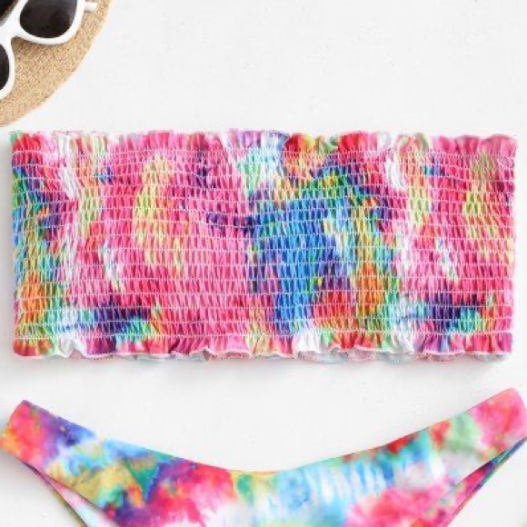 ZAFUL Tie Dye Frilled Smocked Bikini Swimsuit Top - Picture 1 of 6